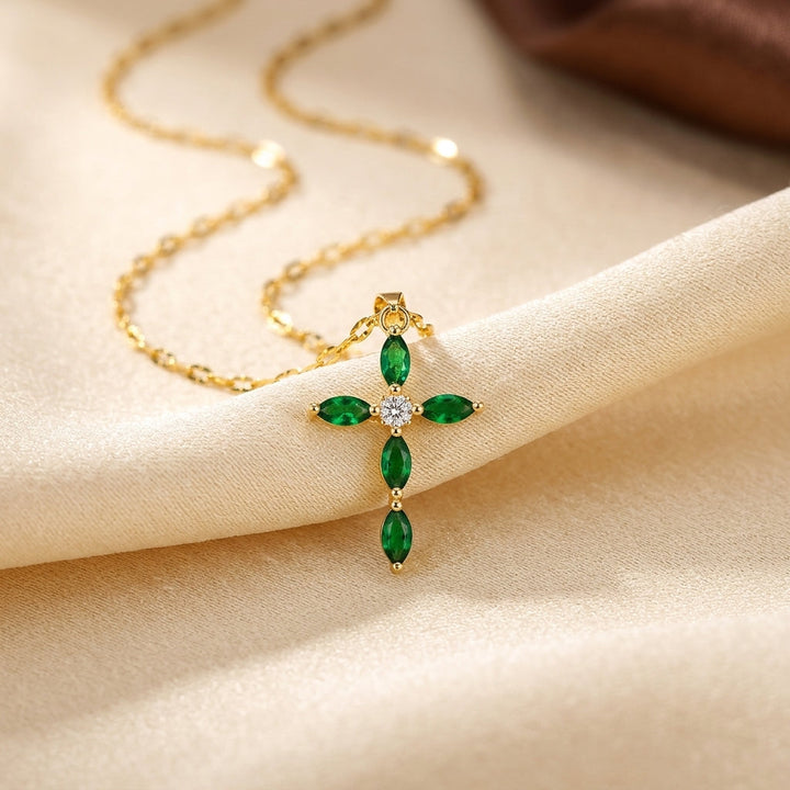 Gold Marquise Cross Necklace with Emerald Accent