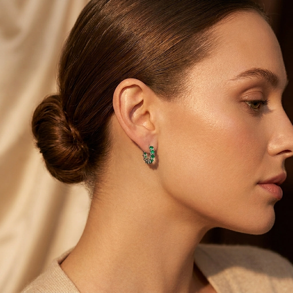 Emerald and Gold Interwoven Hoop Earrings