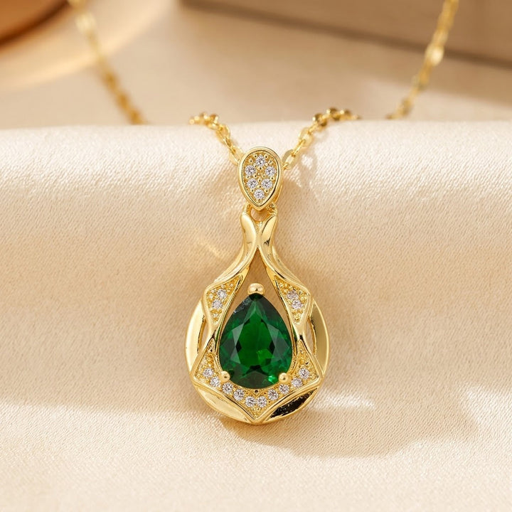 Emerald-Accented Gold Teardrop Pendant Necklace