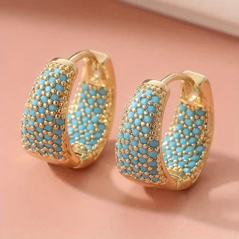 Turquoise Beaded Hoop Earrings in Elegant Gold Tone