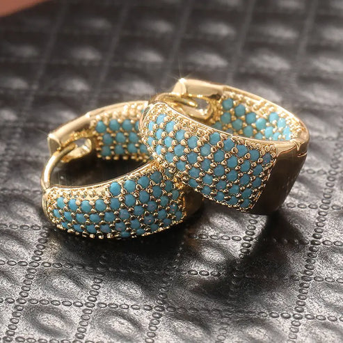 Turquoise Beaded Hoop Earrings in Elegant Gold Tone