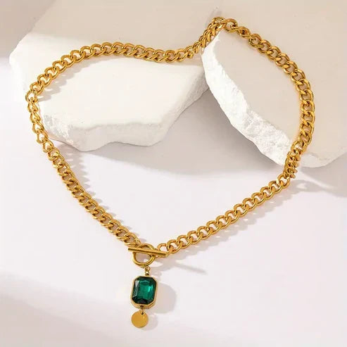 Bold Chain Emerald Drop Necklace