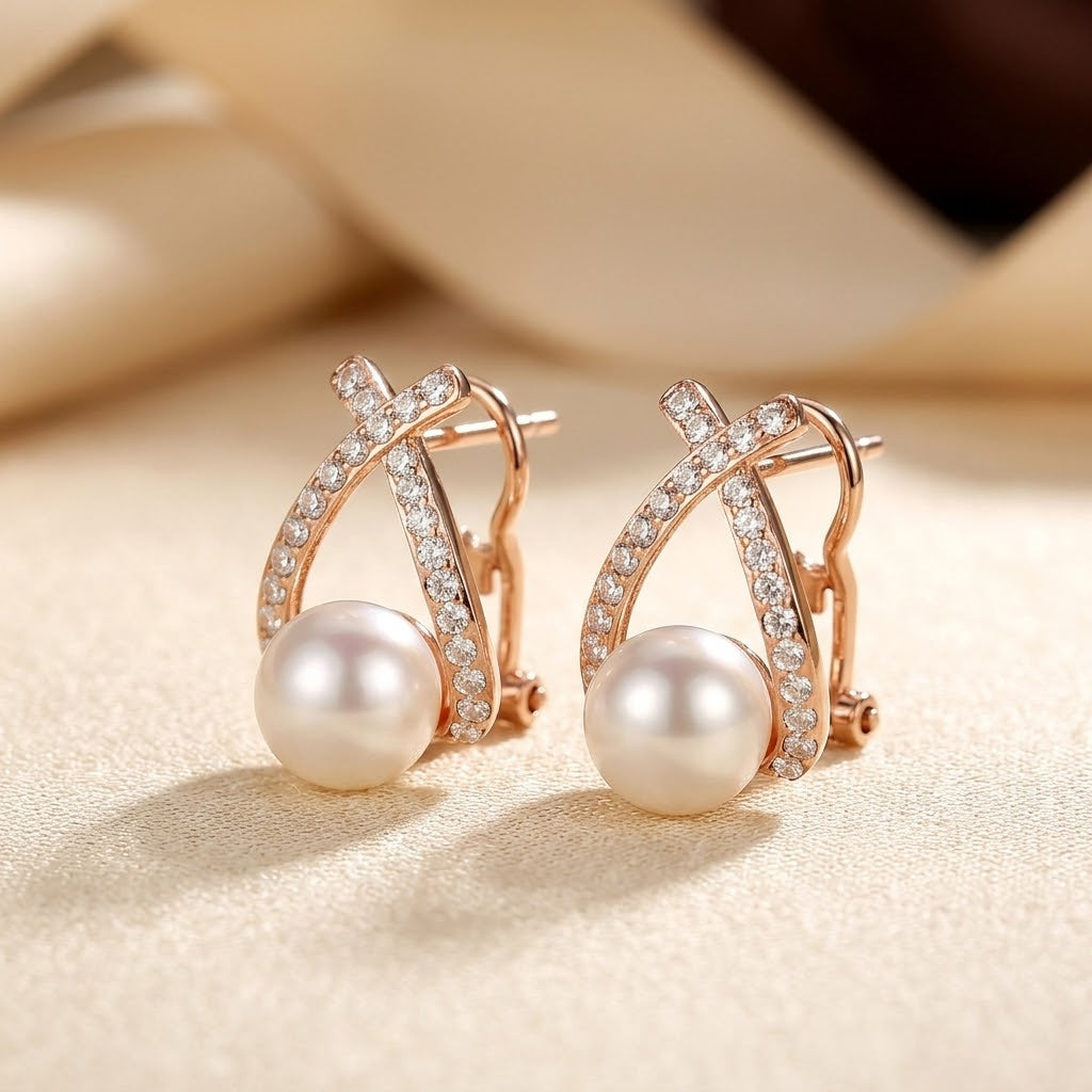 Gold Crossed Pearl Studs Earrings