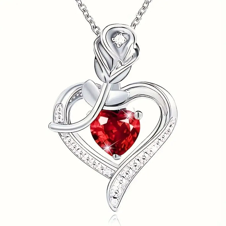 Silver Necklace with Ruby Heart Pendant