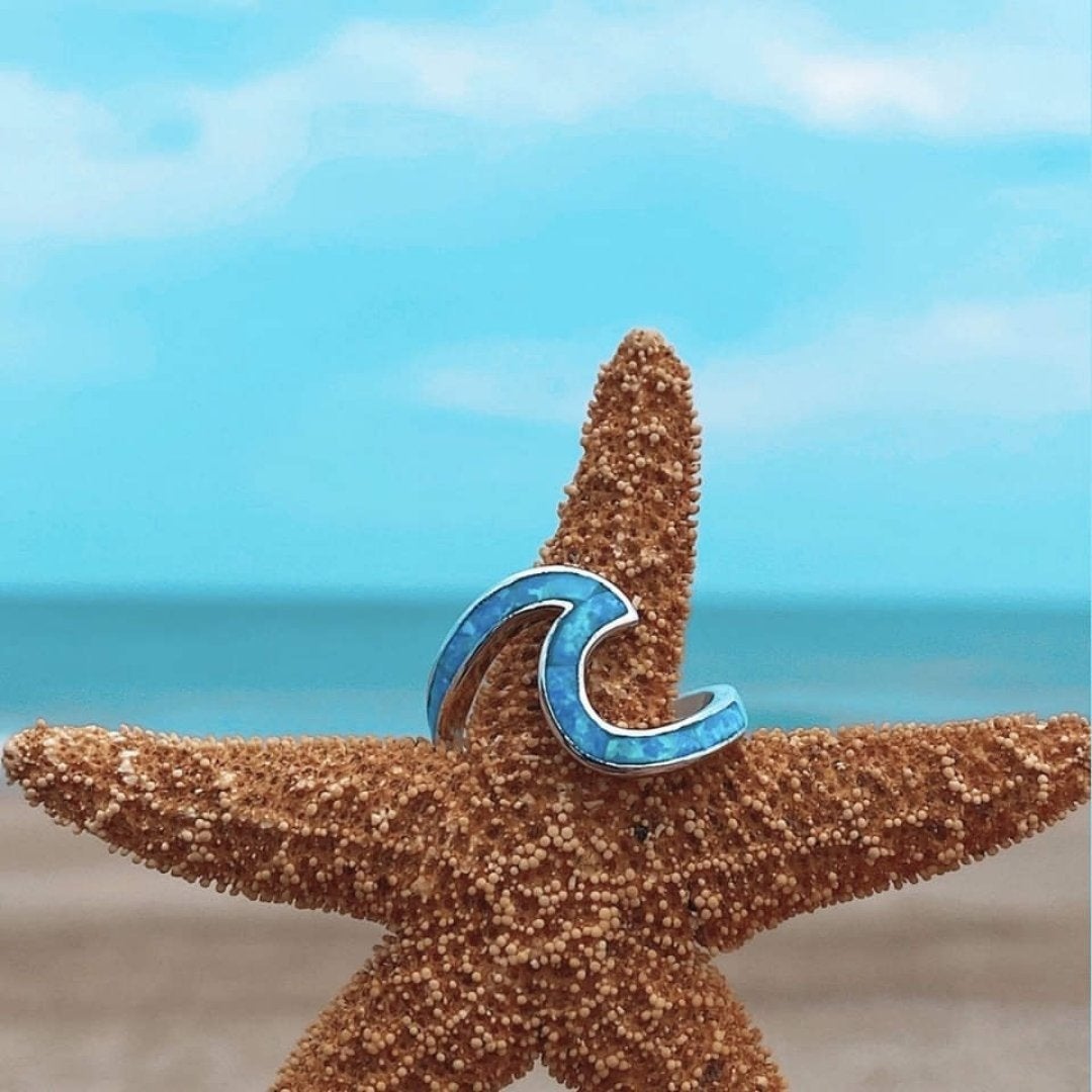 Sterling Silver Ocean Wave Ring with Opal Accent