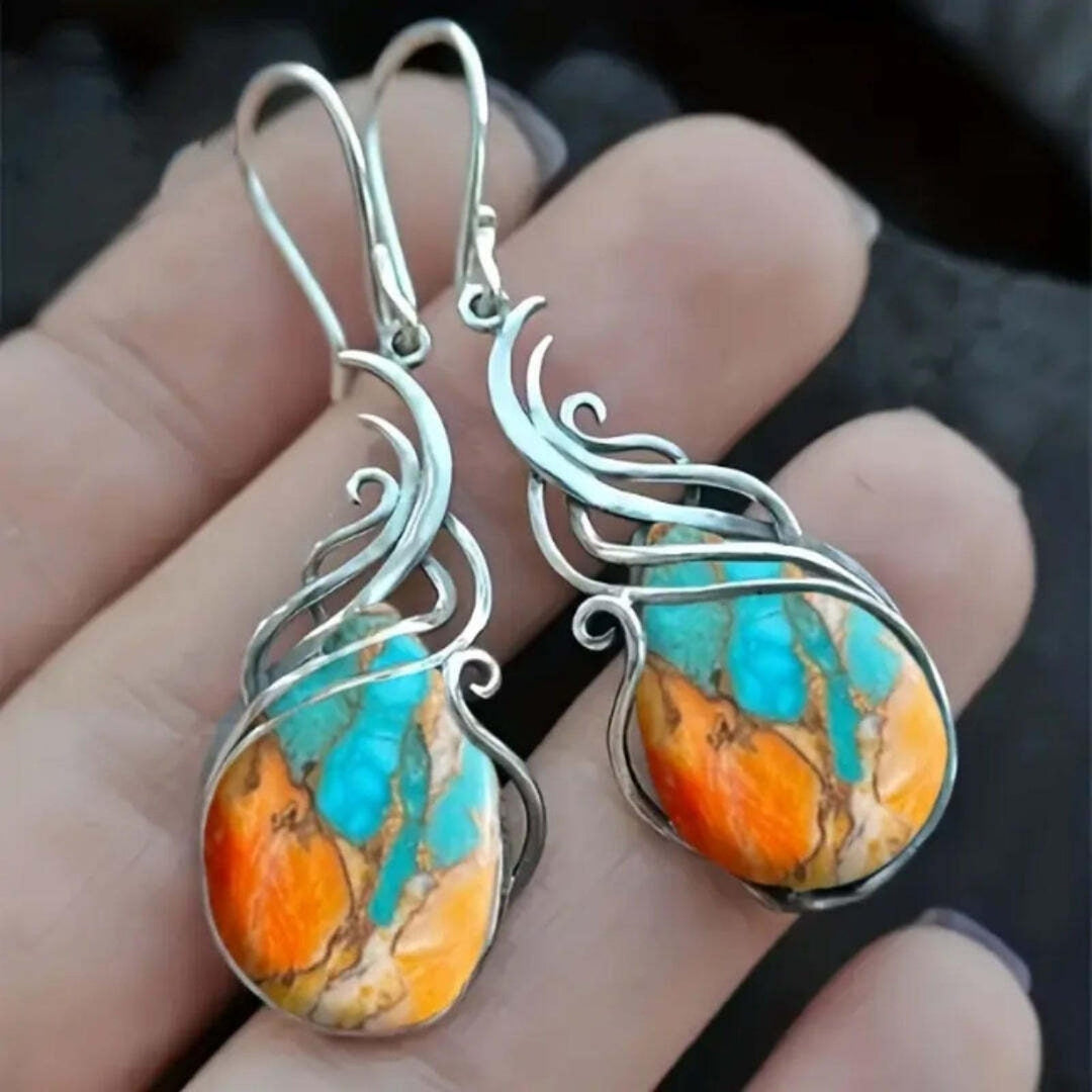 Blue and Orange Gemstone Dangle Earrings