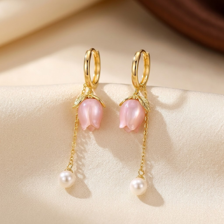 Gold Floral Pearl Dangle Earrings