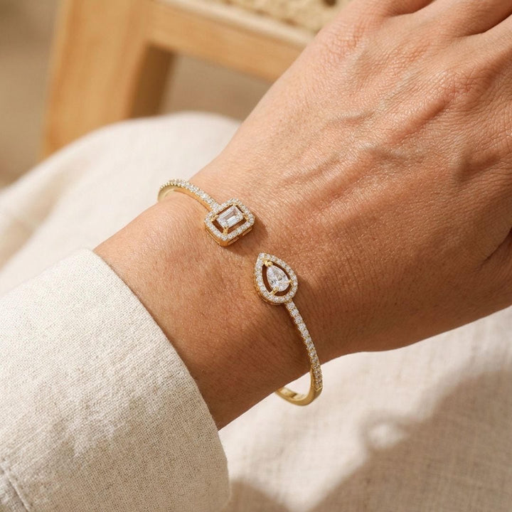 Gold Open Cuff Bracelet with Dual Gemstones