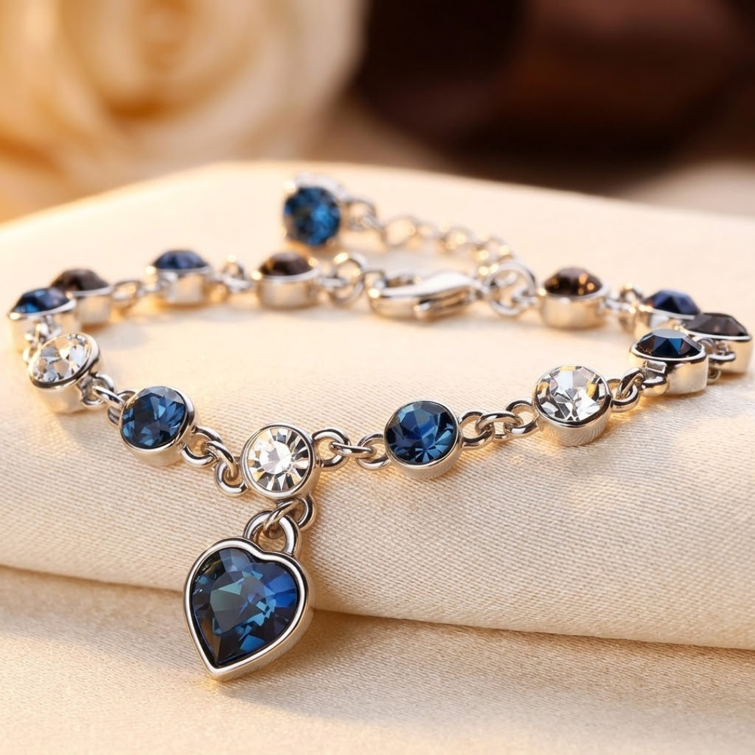 Sapphire Heart Charm Silver Link Bracelet