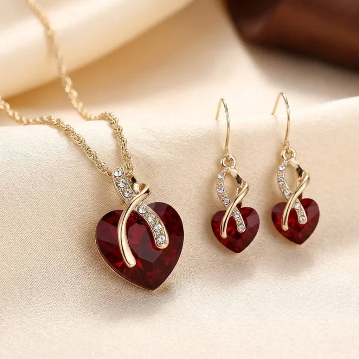 Ruby and Gold Twisted Heart Jewelry Collection