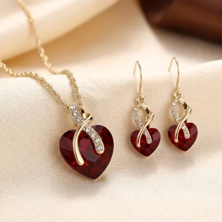 Ruby and Gold Twisted Heart Jewelry Set