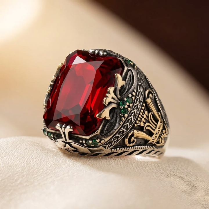 Elegant Silver Signet Ring Featuring a Ruby Detail