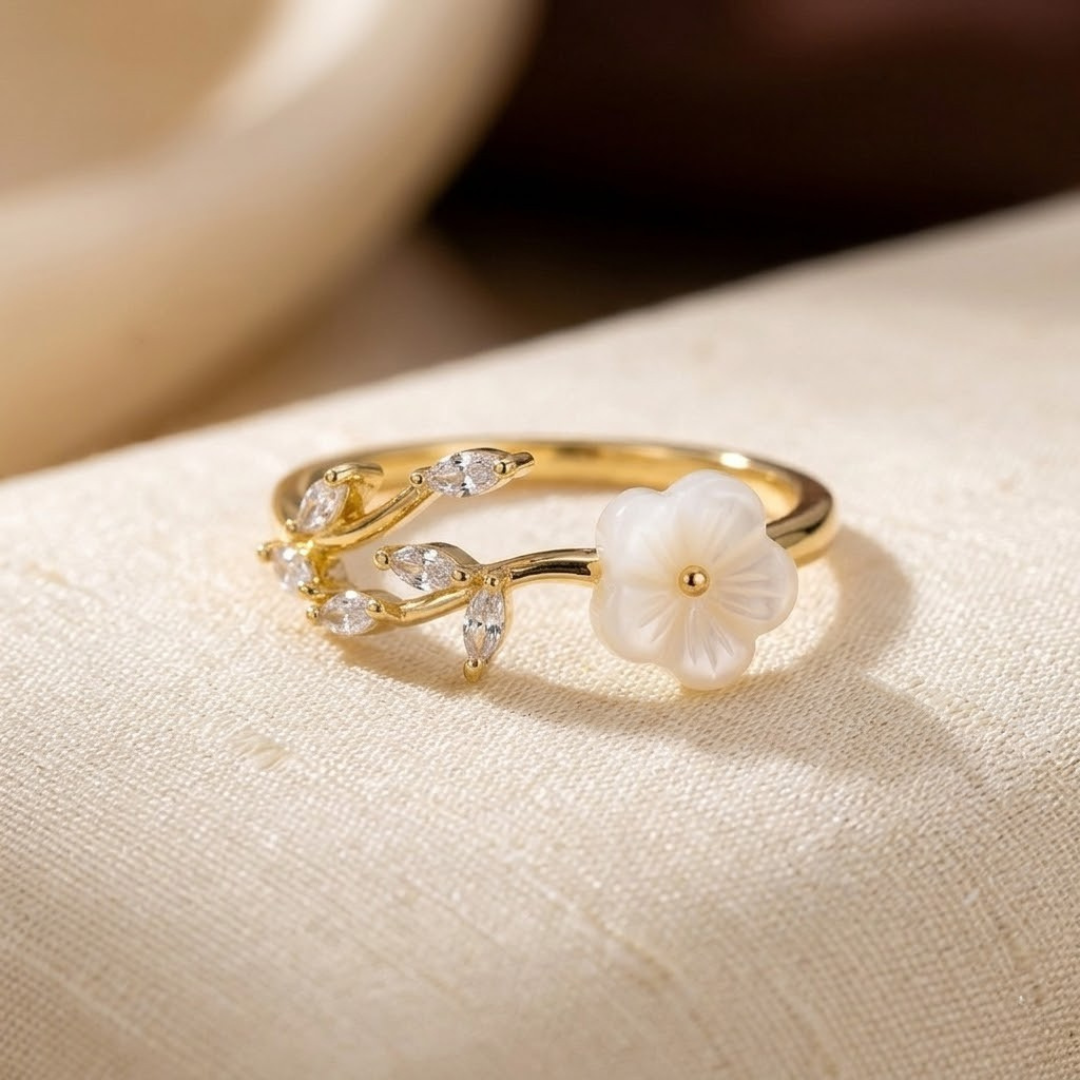 Gold Leaf Design Open Ring with Floral Accents