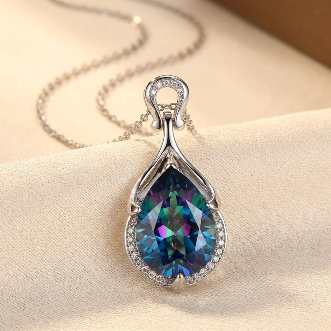 Silver Teardrop Pendant Necklace with Sapphire Accent