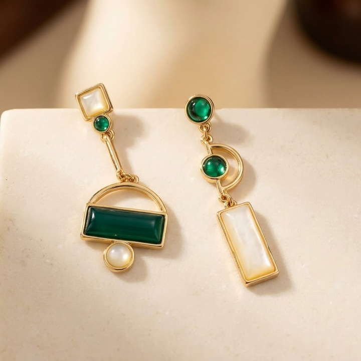 Emerald and Gold Geometric Dangle Earrings