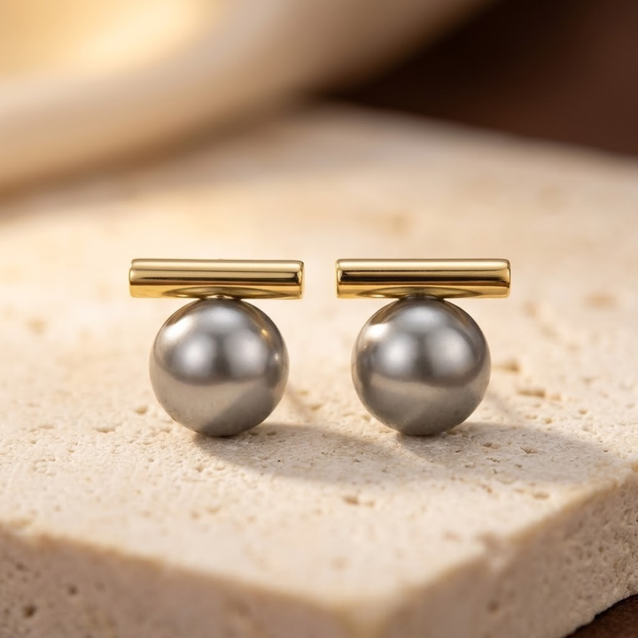 Gold Bar Pearl Stud Earrings
