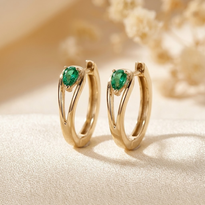 Emerald-Studded Gold Hoop Earrings