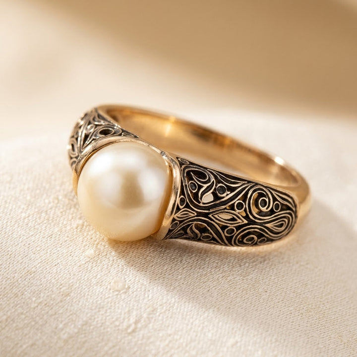 Pearl Ring with Intricate Gold Filigree Design