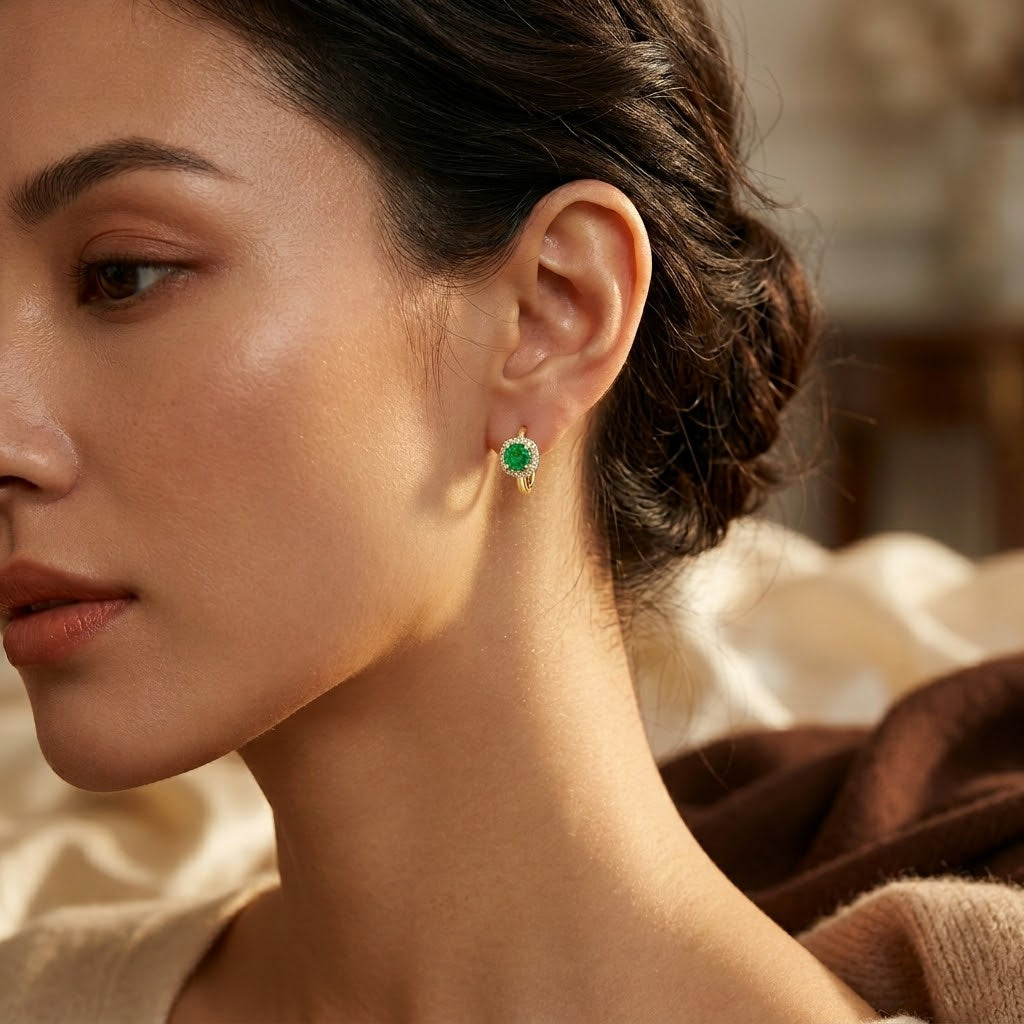 Emerald-Embellished Golden Hoop Earrings