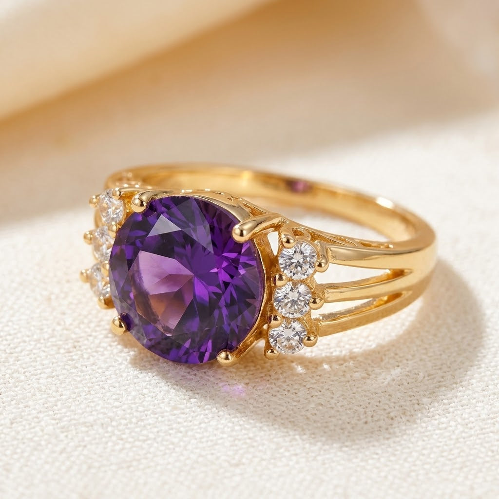 Gold Amethyst Split Shank Ring