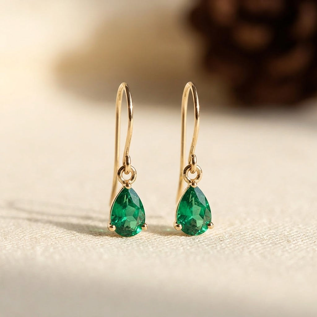 Emerald Teardrop Design Gold Dangle Earrings