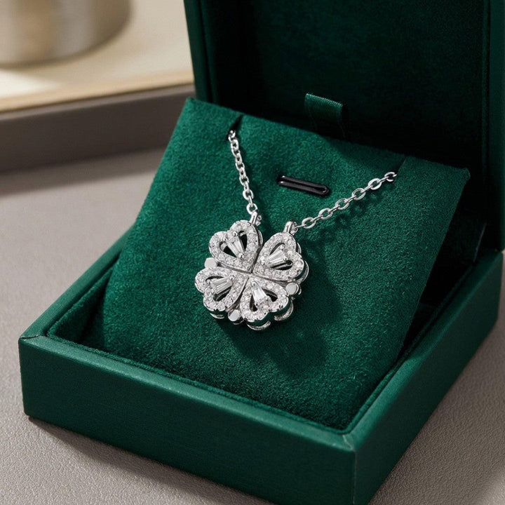 Gold Clover Necklace Adorned with a Heart-Shaped Zircon Pendant