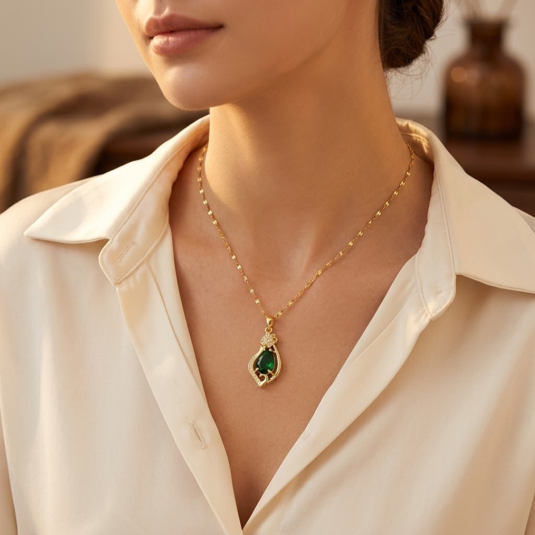 Emerald-Accented Gold Teardrop Pendant Necklace