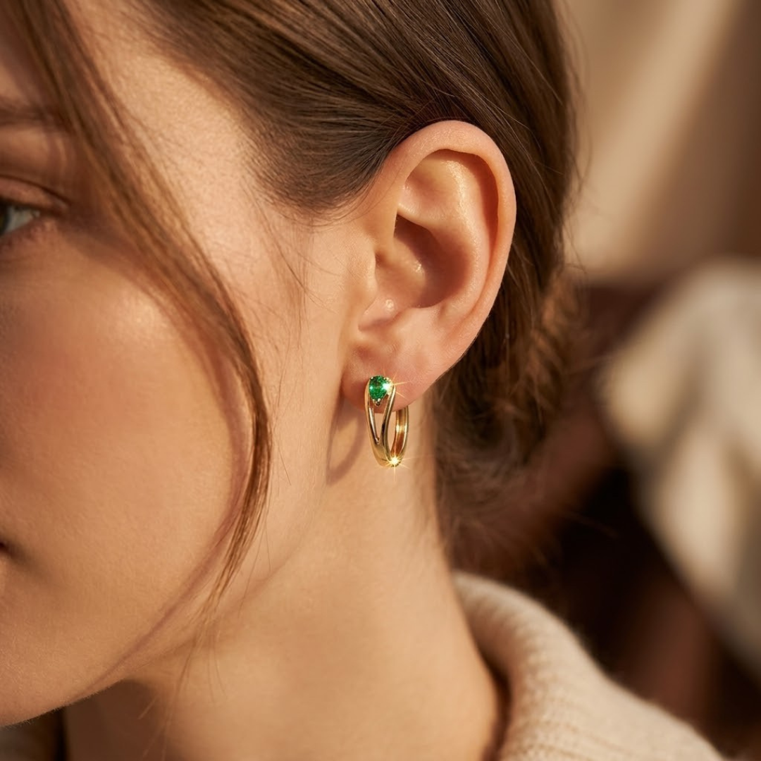 Emerald-Accented Gold Hoop Earrings
