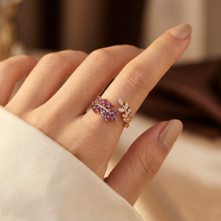 Gold Amethyst Leaf Ring