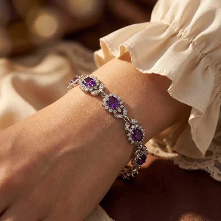 Floral Silver Bracelet with Amethyst Accents