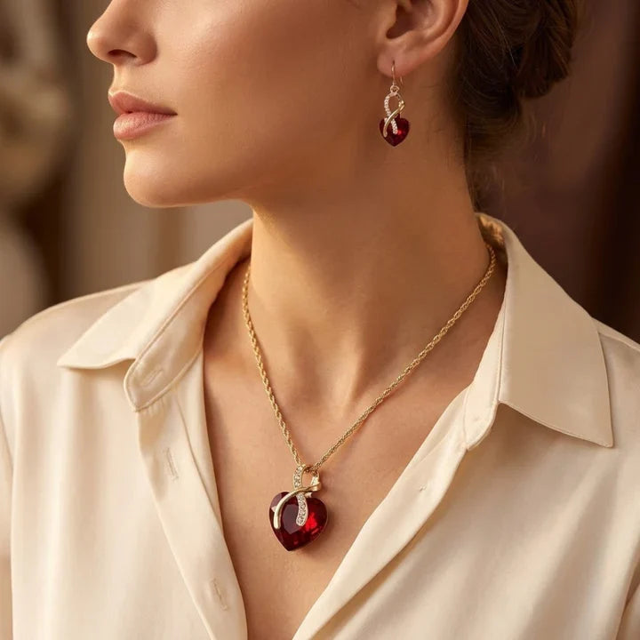 Ruby and Gold Twisted Heart Jewelry Collection