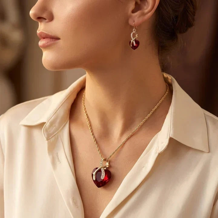 Ruby and Gold Heart-Shaped Twisted Jewelry Collection