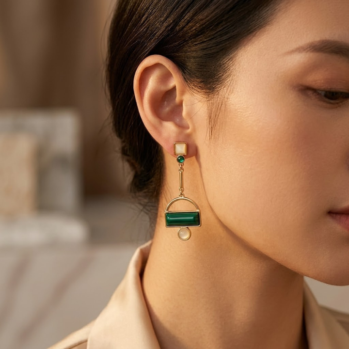 Green and Gold Geometric Dangle Earrings