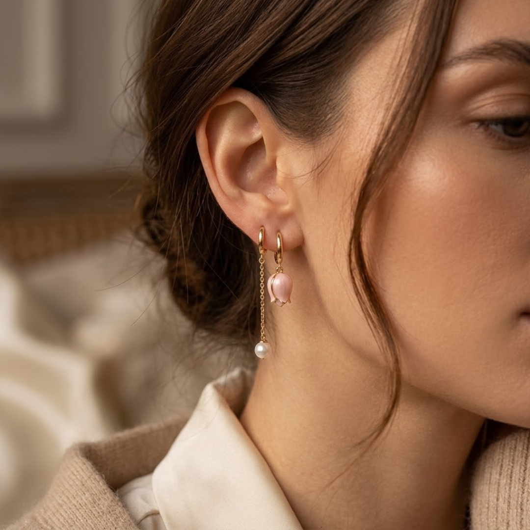 Gold Floral Pearl Dangle Earrings