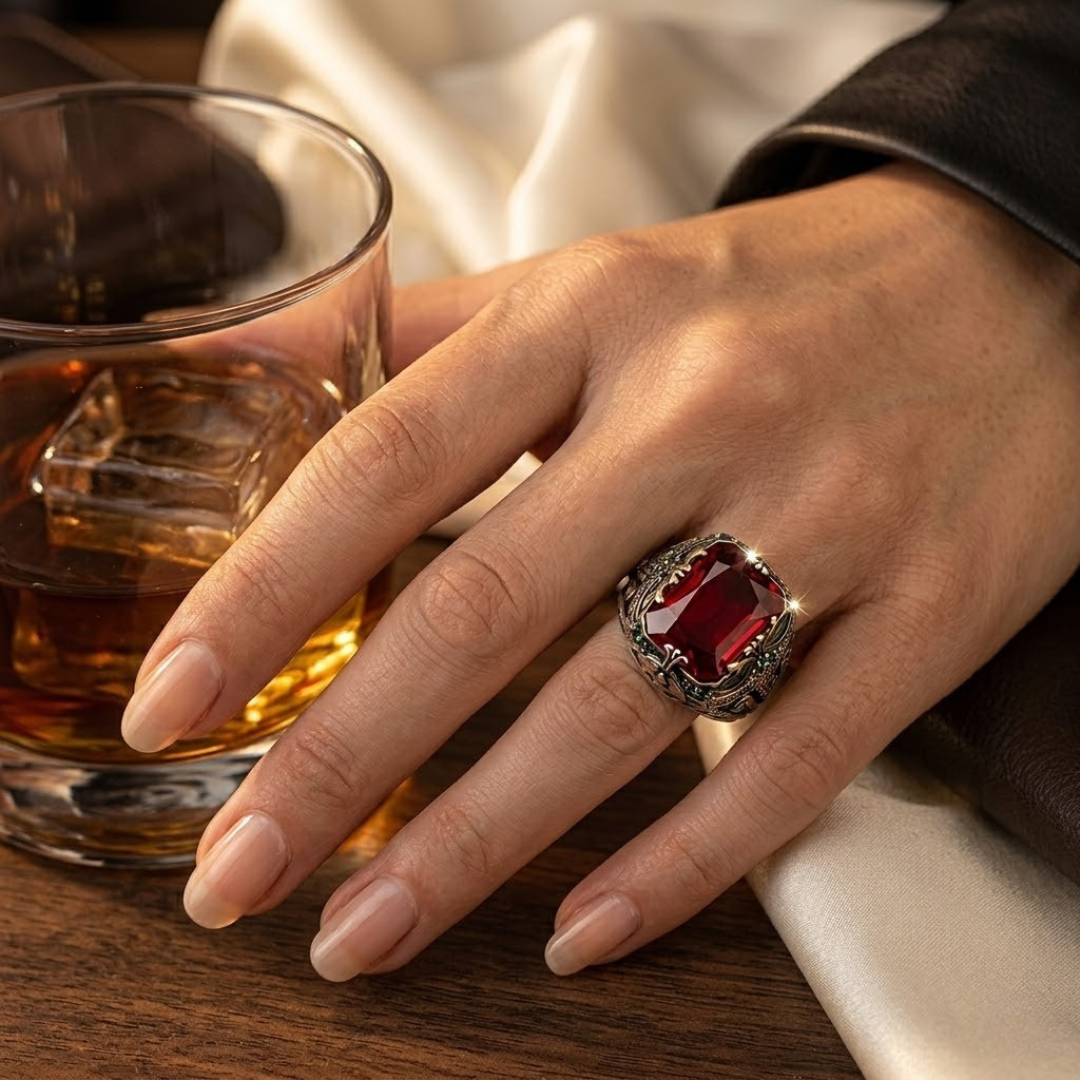 Elegant Silver Signet Ring Featuring Ruby Detail