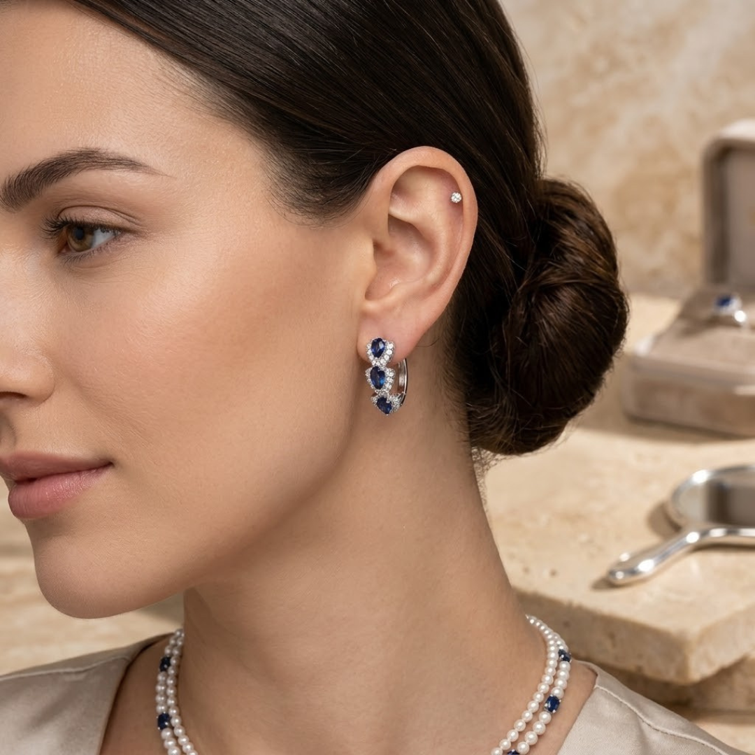 Silver Sapphire Halo Hoop Earrings