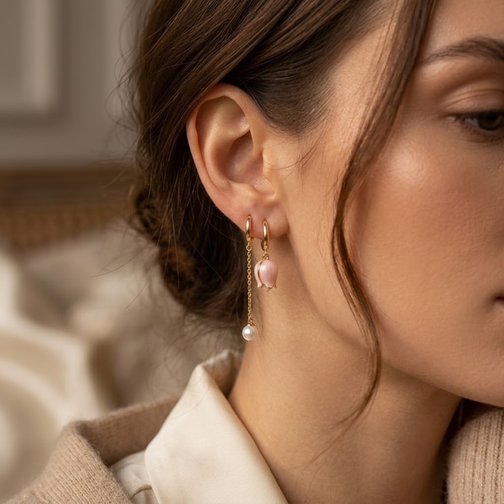 Golden Floral Pearl Dangle Earrings