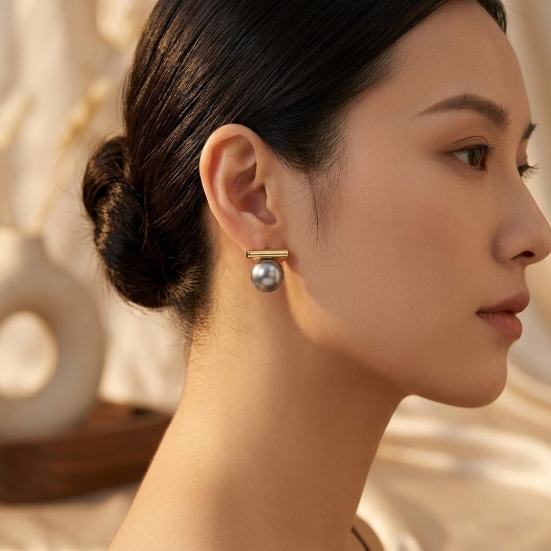 Golden Bar Pearl Stud Earrings