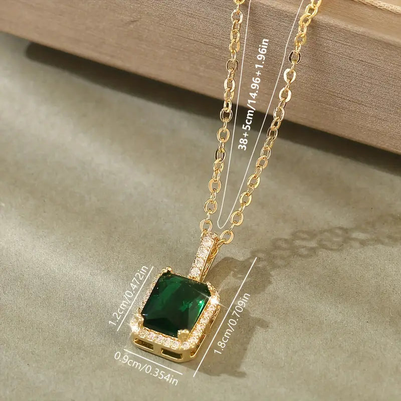 Emerald and Gold Rectangular Halo Pendant Necklace