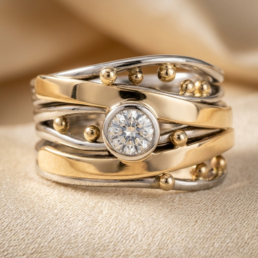 Crossover Ring with Gold and Silver Bezel Settings