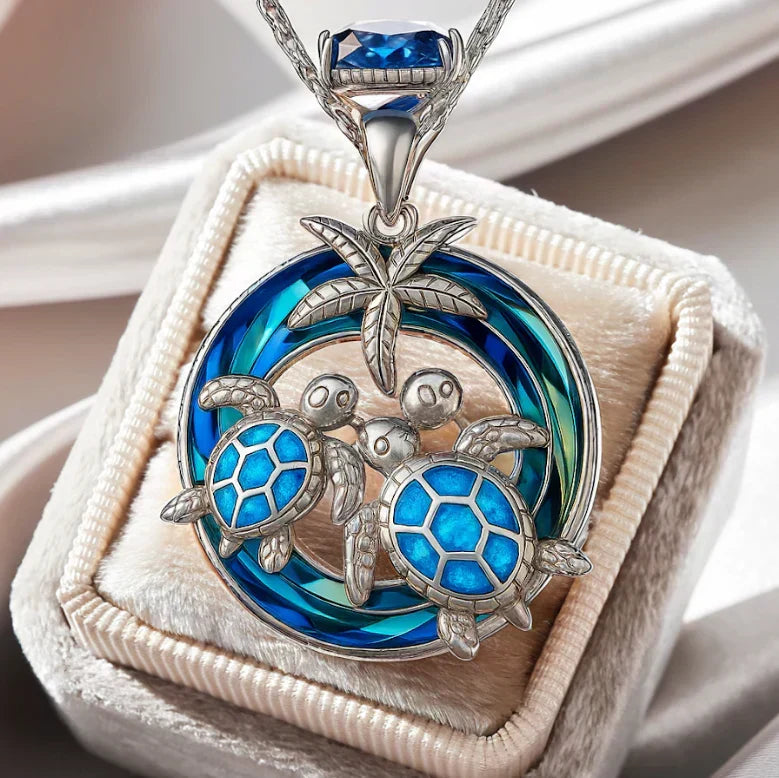 Opal Circular Turtle Palm Pendant Necklace