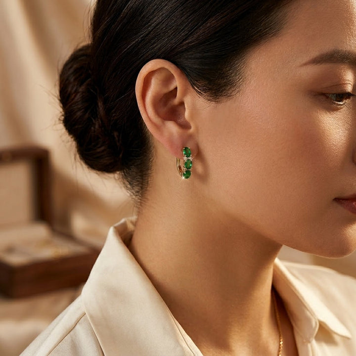 Emerald and Gold Vertical Hoop Earrings