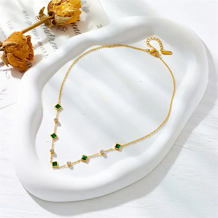 Emerald and Gold Geometric Pendant Necklace