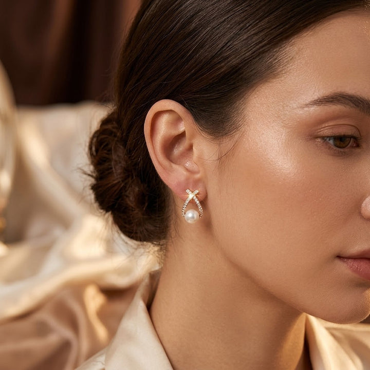 Gold Crossed Pearl Studs
