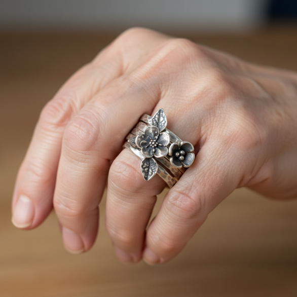 Vintage Floral Silver Stacked Ring