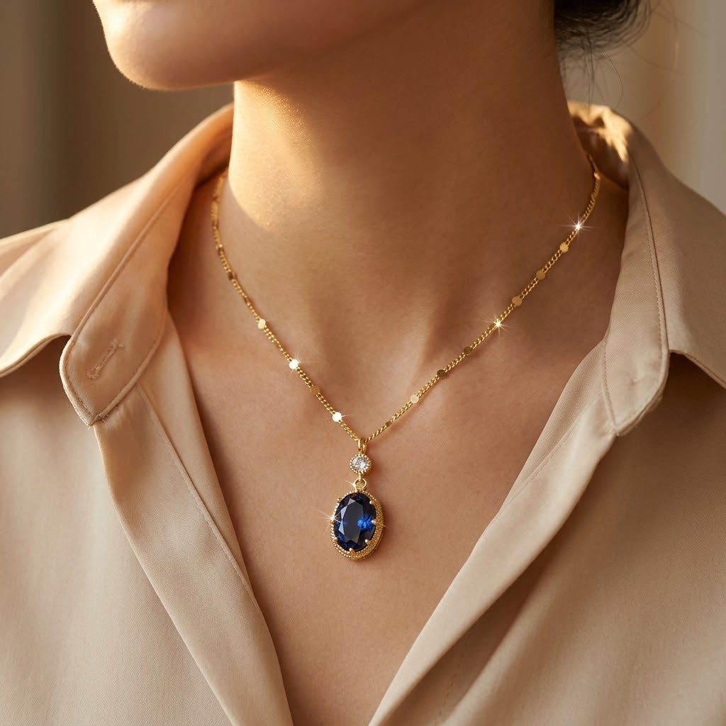 Gold Oval Drop Necklace with Sapphire Accent