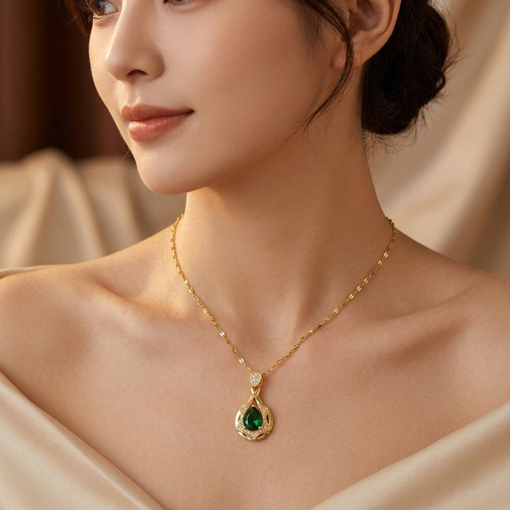 Emerald-Accented Gold Teardrop Pendant Necklace