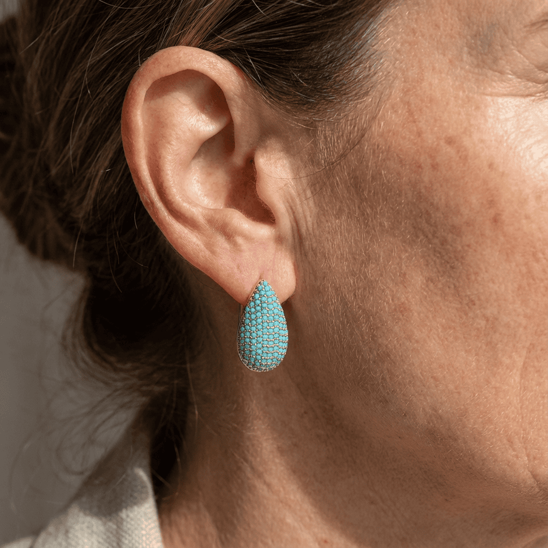 Turquoise Teardrop Hoop Earrings Featuring Pavé Accents