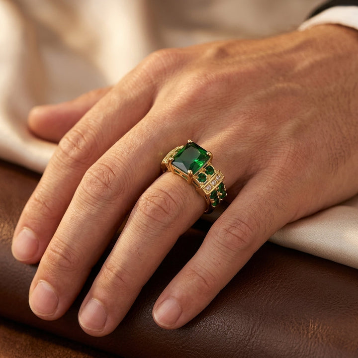 Emerald-Accented Geometric Ring with Gold Details