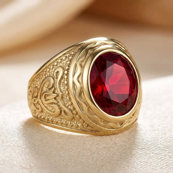 Ruby-Engraved Gold Ring